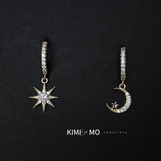 Boucles d’oreilles Moon Star Huggie - Plaqué or et argent -**Collection Céleste**