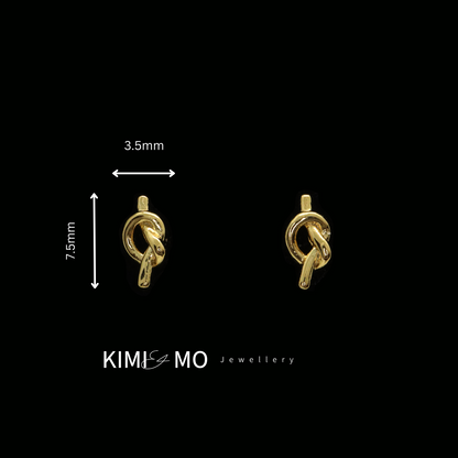 Gold knot stud earrings with sleek push pin design