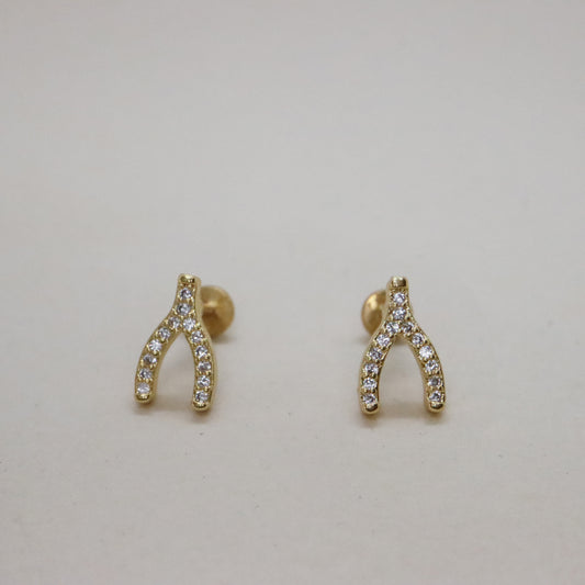 Gold wishbone earrings with pave gemstones and push pin back