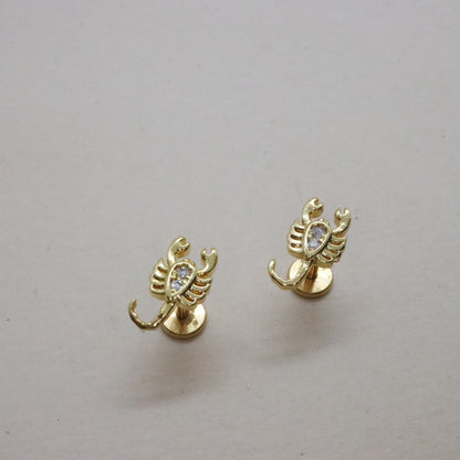 Intricate scorpion design gold earrings with push pin back