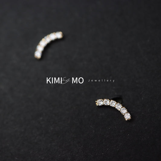 14k Solid Gold Curve Pavé Diamond Bar Stud • Gold Vermeil & Sterling Silver Minimalist Stud Earring