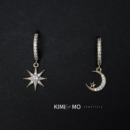 Moon Star Huggie Earrings • Gold Plated & Silver Drop Celestial Hoop Earrings