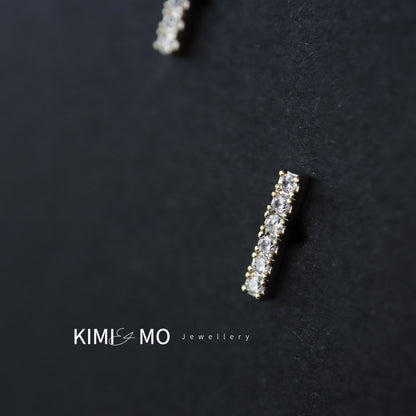 14k Solid Gold Pavé Diamonds Long Bar Studs • Minimalist Stud Earrings • Gift for Her